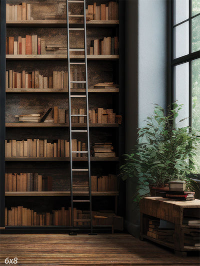 Cozy Library with Ladder Photography Backdrop - A cozy library scene with a vintage bookshelf, rolling ladder, and soft natural light, used as a photography backdrop for portraits and lifestyle shoots.