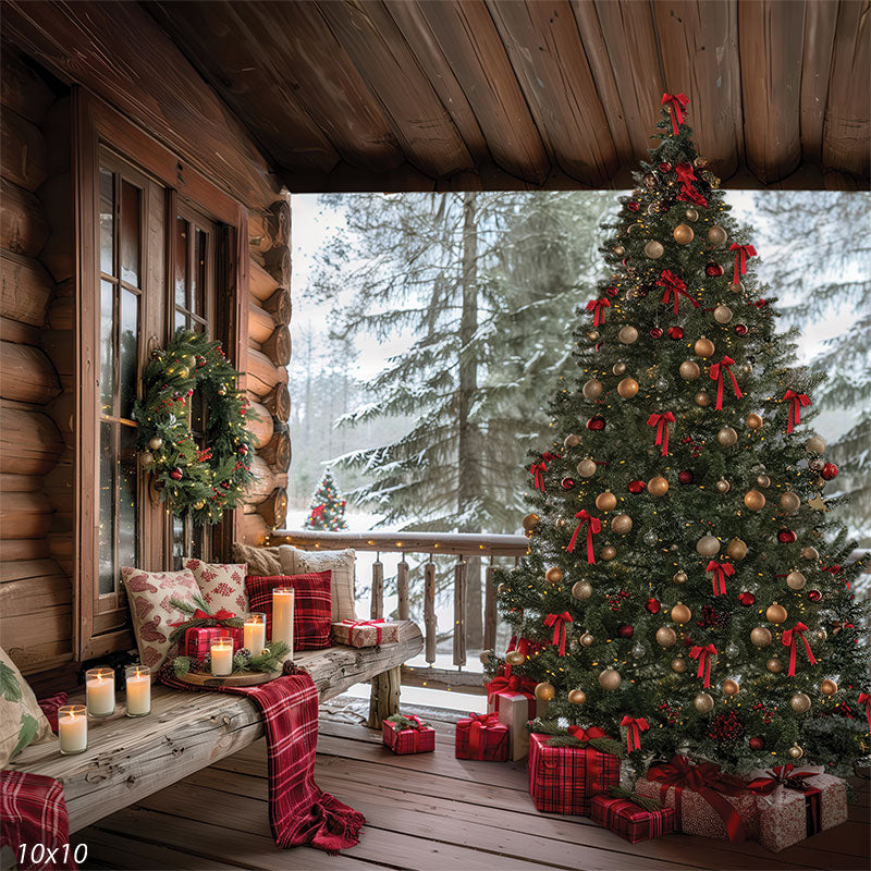 Cozy Log Cabin Christmas Tree Backdrop for Holiday Photos - Denny Mfg