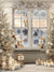 Cozy Winter Window Photography Backdrop - Cozy winter holiday scene with frosted windows, elegant Christmas trees, and glowing candles.