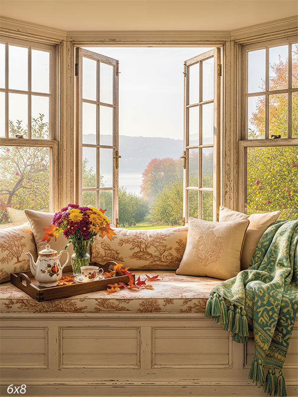 A warm autumn window seat backdrop with open windows, fall foliage, and a cushioned bench set for tea, perfect for cozy seasonal portraits.