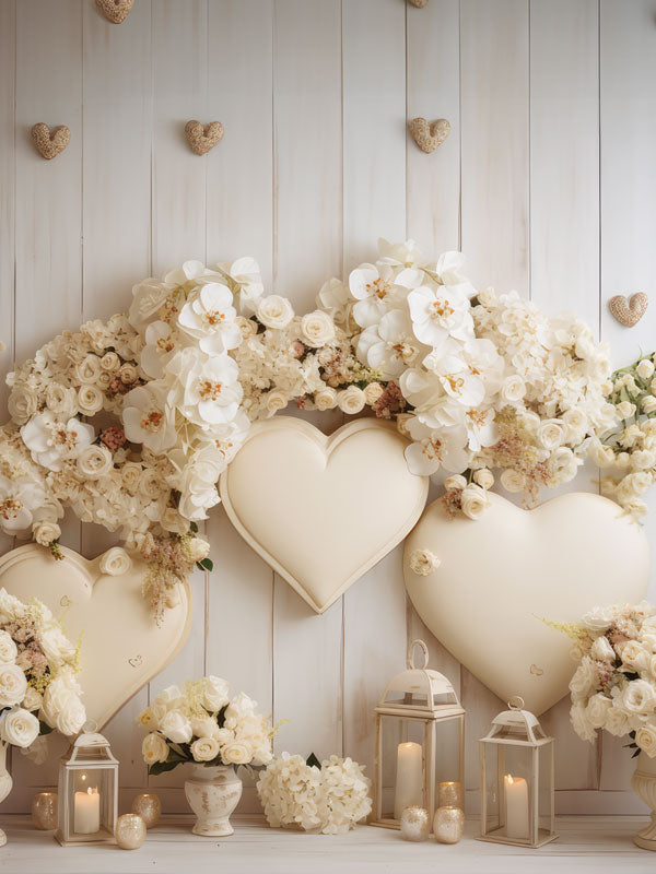 Creamy Hearts Photography Backdrop - "Creamy Hearts" photography backdrop featuring cream-colored hearts adorned with lush floral arrangements and decorative lanterns.