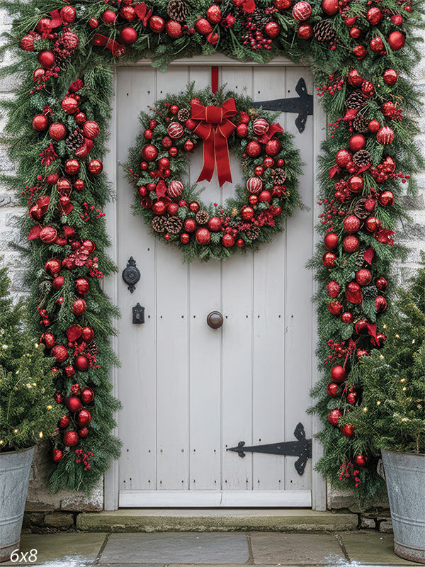 Crimson Gate aged white door large red ornament wreath holiday garland columns backdrop CP-8930