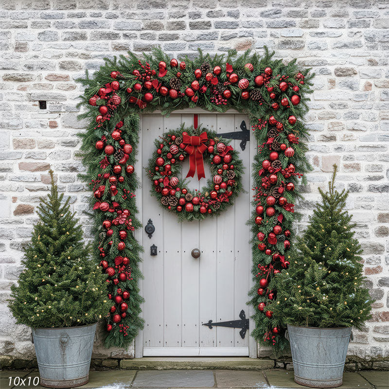 Crimson Gate red ornament door with stone exterior and matching garland columns backdrop CP-8930