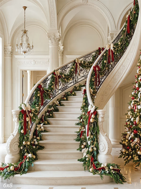 Crystal Noel palatial white foyer sweeping staircase Christmas tree chandelier backdrop CP-8908