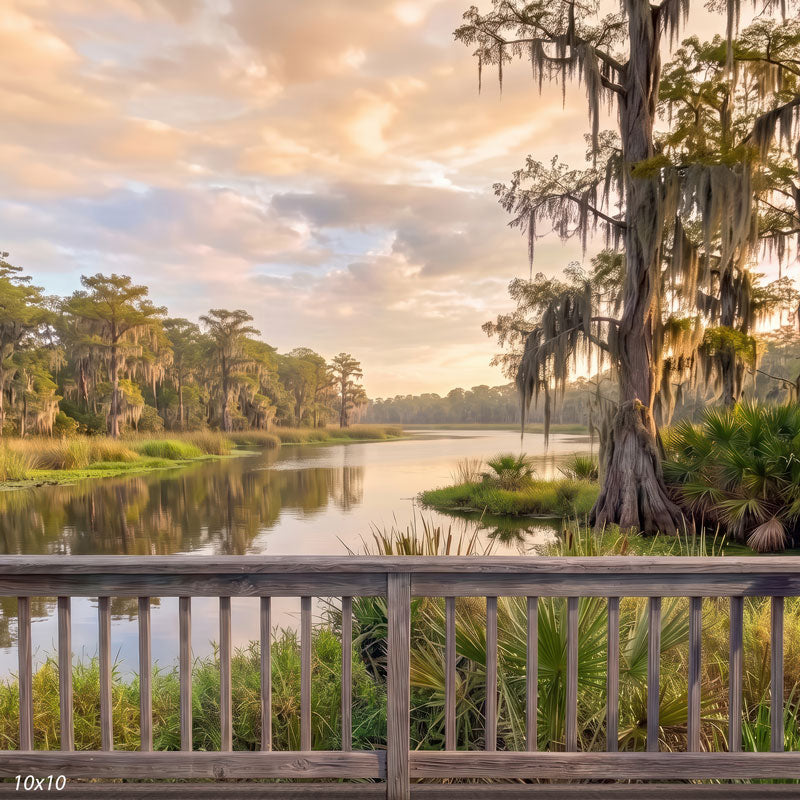 Southern bayou photography backdrop shown wider, with more of the still water, moss-draped cypress trees, and a golden sunset reflected across the bayou.