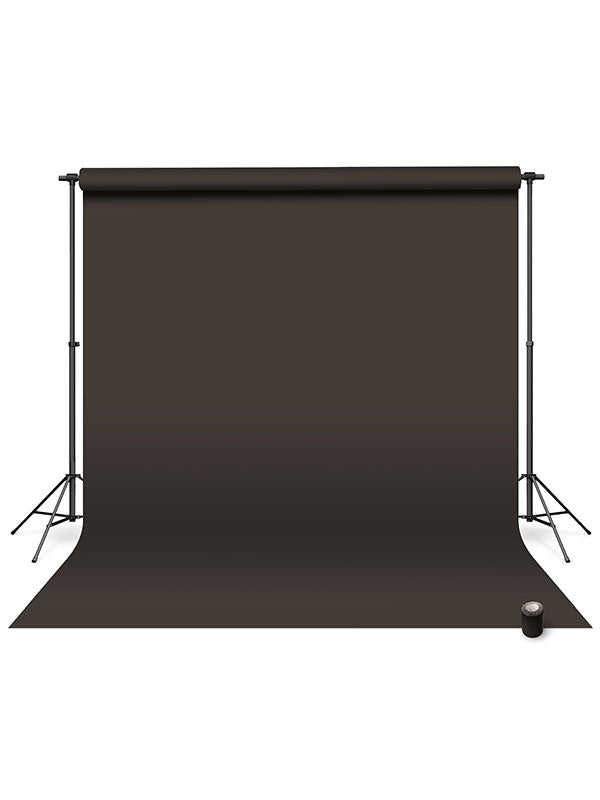 A professional-grade dark gray seamless paper backdrop displayed with tape for secure setup in photography studios.
