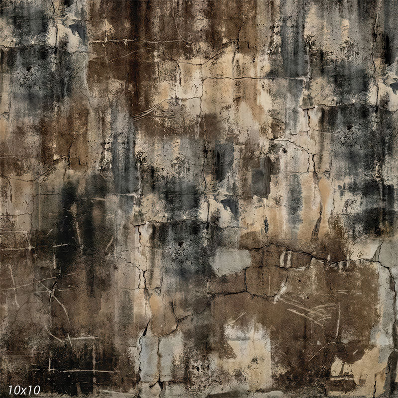 This studio background features an abstract weathered wall with layered dark tones, vertical stains, cracked plaster texture, and worn matte areas.