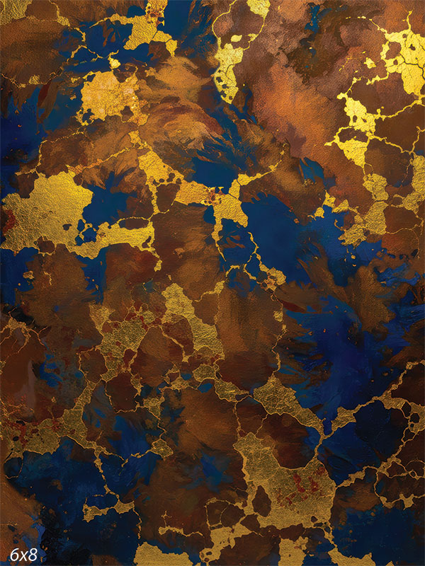 Printed photography backdrop showing an abstract marbled pattern with deep navy-blue areas, warm brown tones, and gold metallic-style veining throughout. The high-contrast texture creates a dramatic studio background behind a subject.