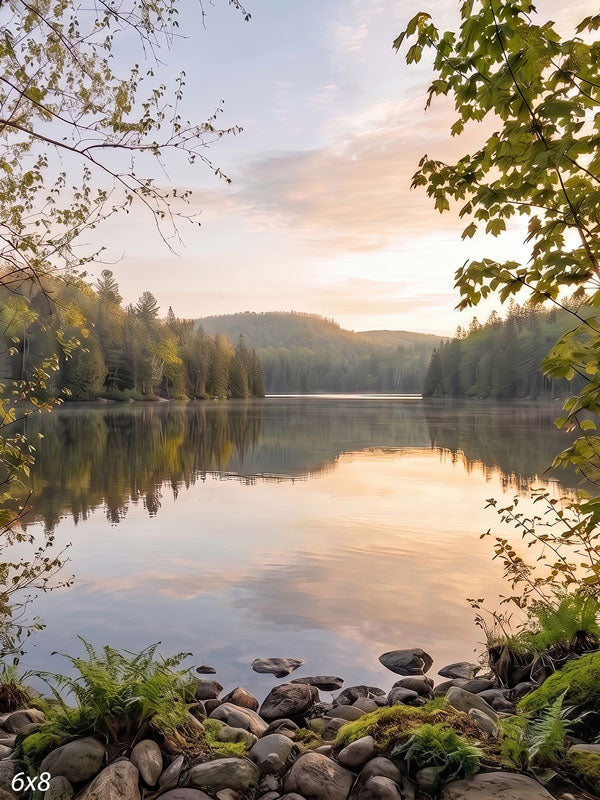 Still forest lake at sunrise reflecting a peach and blue sky, with leafy branches overhead and a mossy stone shoreline, a scenic photography backdrop.