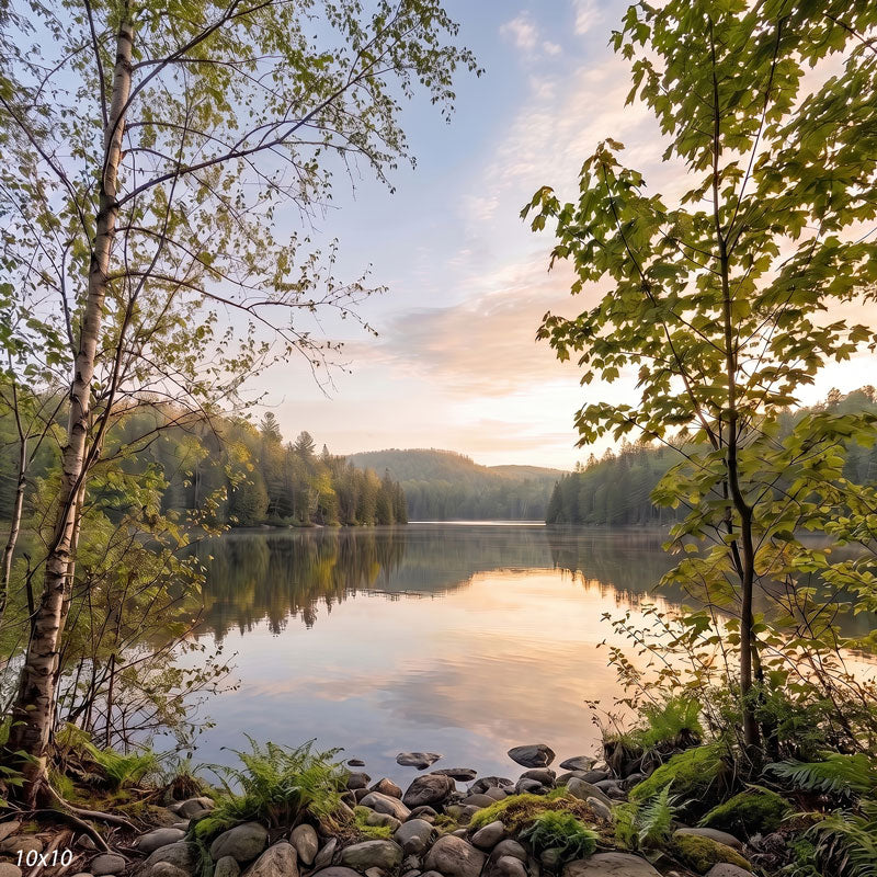 Wider view of the sunrise lake showing more of the birch and maple branches along the near shore and the far evergreen ridge, a scenic photography backdrop.