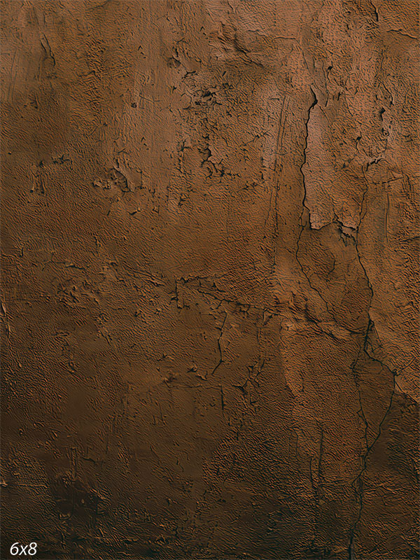 A photography backdrop showing a cracked plaster wall with deep brown and terracotta tones, layered texture, and a matte surface for studio portraits.