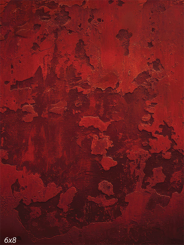 Printed photography backdrop showing a deep red layered paint-style texture with distressed worn patches and subtle streaking. The abstract surface provides non-directional texture behind a subject.
