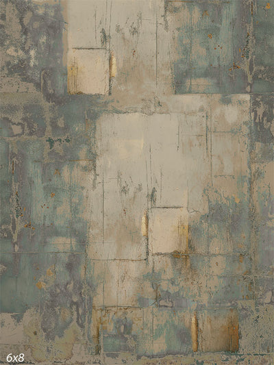 Distressed Beige and Teal Wall Photography Backdrop - A distressed and weathered wall with a blend of beige, teal, and rust tones, featuring peeling paint and weathered textures, creating a rustic, artistic aesthetic.