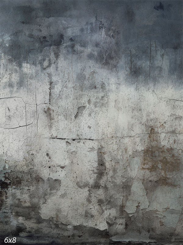 Distressed Grey Gradient Wall Photography Backdrop - A distressed wall backdrop with a gradient of grey tones transitioning from dark at the top to lighter shades at the bottom, featuring cracks, peeling paint, and weathered textures.