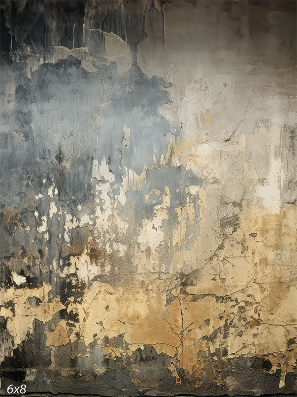 Distressed Grey and Beige Wall Photography Backdrop - A distressed and weathered wall with a blend of grey, beige, and dark blue tones, featuring peeling paint, cracks, and weathered textures, creating a rugged, rustic aesthetic.