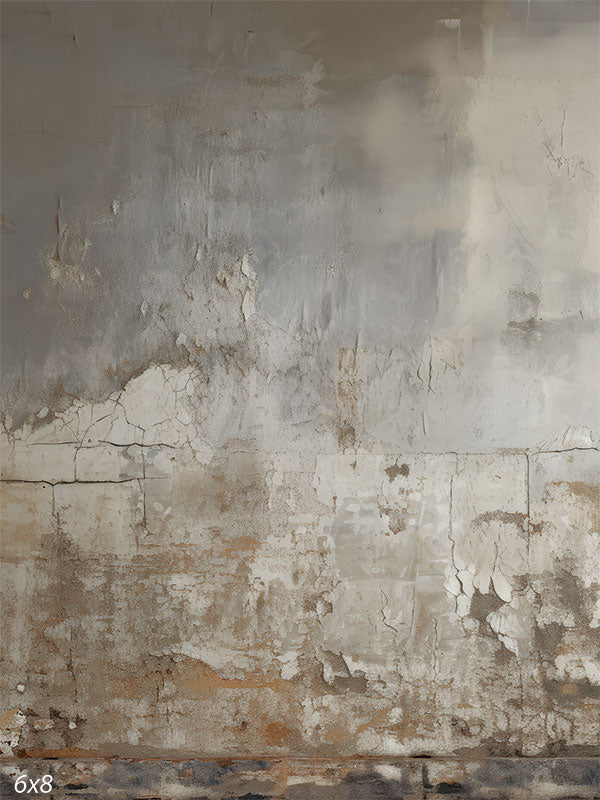 Distressed Grey and Brown Wall Photography Backdrop - A distressed and weathered wall with a blend of grey and brown tones, featuring peeling paint, cracks, and worn patches, creating a rugged, rustic aesthetic.