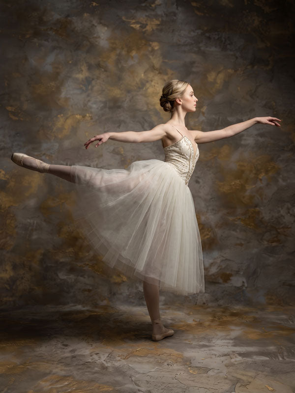 Driftwood Gilt taupe and gold texture photography backdrop shown behind a ballerina in a cream tutu CP-8995