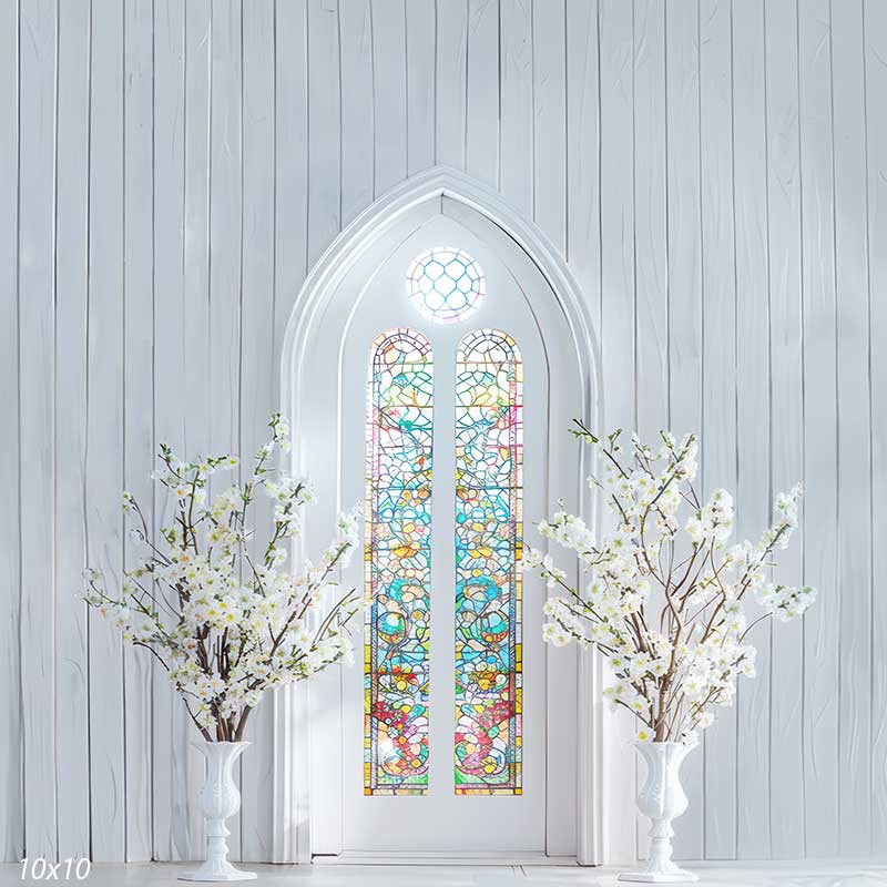 A 10x10 photography backdrop featuring a stained-glass chapel window with white floral arrangements, ideal for professional Easter shoots.