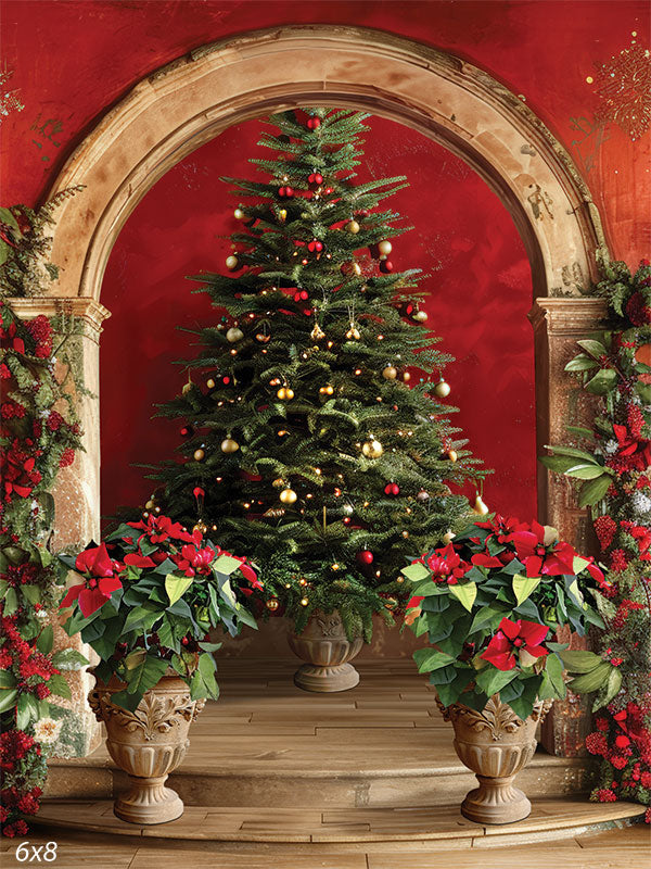 Elegant Christmas Tree Archway Backdrop - Elegant Christmas scene with a lush green Christmas tree adorned with gold, red, and silver baubles and twinkling fairy lights, framed by a classic stone archway, and flanked by large ornate urns filled with vibrant red poinsettias against a rich red background.