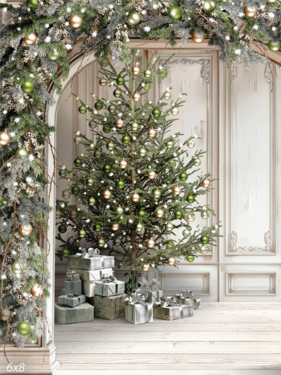 Elegant Christmas Tree Photography Backdrop - Christmas tree photography backdrop with green and gold ornaments under a lush archway, in a white and gold setting.