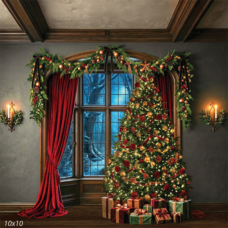 Manor Tree holiday interior arched window red curtains Christmas tree backdrop CP-8898