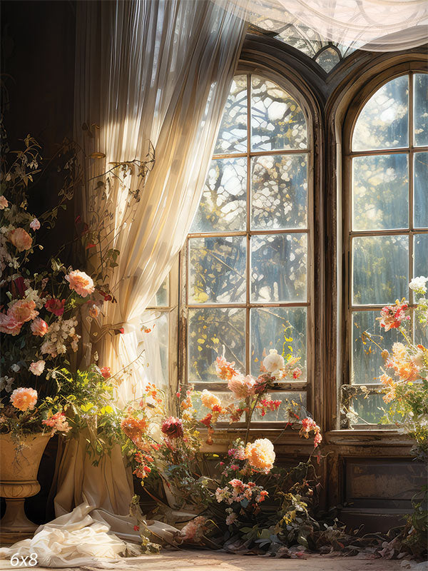 Elegant Floral Window Photography Backdrop - Elegant floral window photography backdrop with flowing curtains and an array of flowers, perfect for romantic-themed photoshoots.