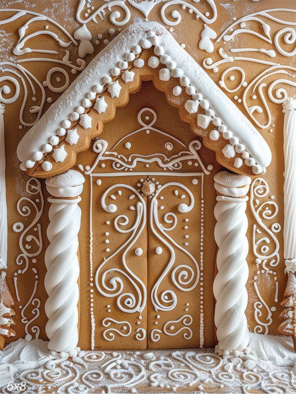 Elegant Gingerbread House Door Backdrop - Beautifully decorated gingerbread house door backdrop featuring intricate white icing designs, twisted white icing columns, and a roof adorned with white candies and snow-like sugar dusting, creating a whimsical and festive holiday theme.