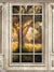 Elegant Light Wood Panel Room Backdrop with Sunlit Meadow View - Elegant light wood panel room backdrop featuring intricately detailed wooden panels, a large multi-pane window showing a sunlit meadow and tree, creating a refined and inviting ambiance.