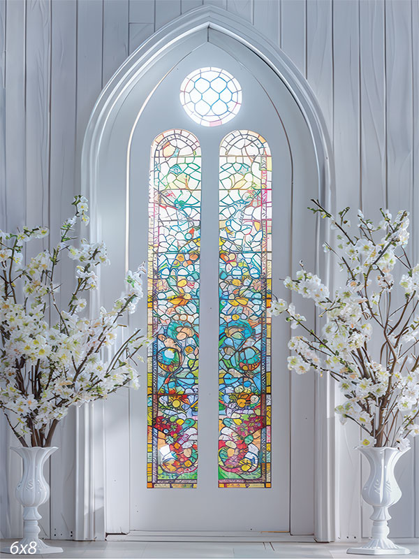 Colorful stained glass window backdrop with floral patterns, ideal for spring and Easter photography sessions.