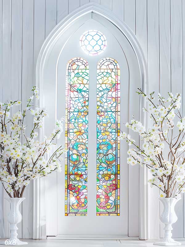 Colorful stained glass window backdrop with floral patterns, ideal for spring and Easter photography sessions.