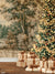 Elegant Vintage Christmas Tree Backdrop - Classic holiday scene with a beautifully decorated Christmas tree adorned with golden ribbons and lights, wrapped gifts below, and a vintage-style tapestry background depicting a serene nature scene.