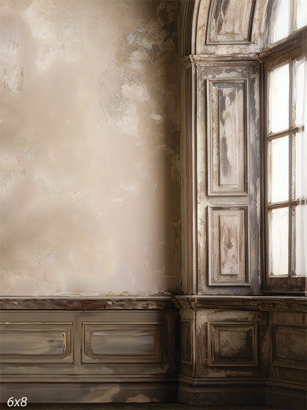 Elegant Vintage Wall Photography Backdrop - Photography backdrop featuring a weathered vintage wall with detailed wainscoting and large, classic windows.