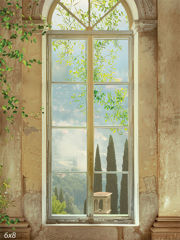 Elegant Vintage Window Photography Backdrop - Photography backdrop featuring a weathered vintage wall with a detailed arched window and lush greenery.