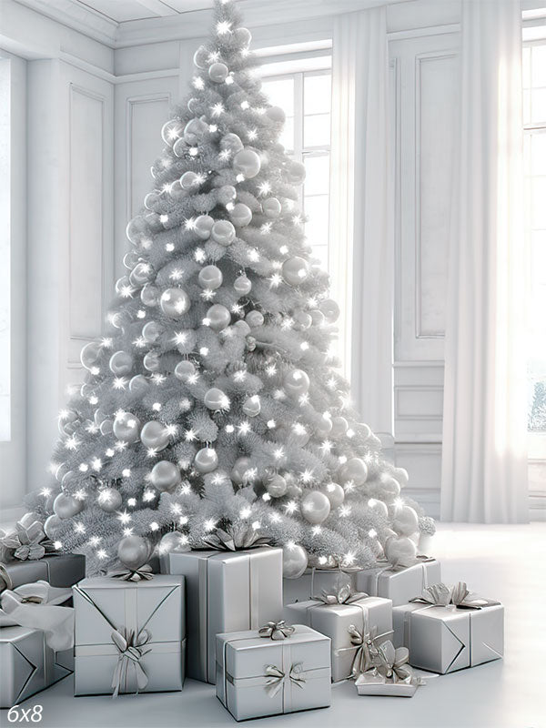 Elegant White Christmas Tree Photography Backdrop - Luxurious white Christmas Tree scene with a white tree, silver ornaments, and elegantly wrapped gifts in a pristine room.