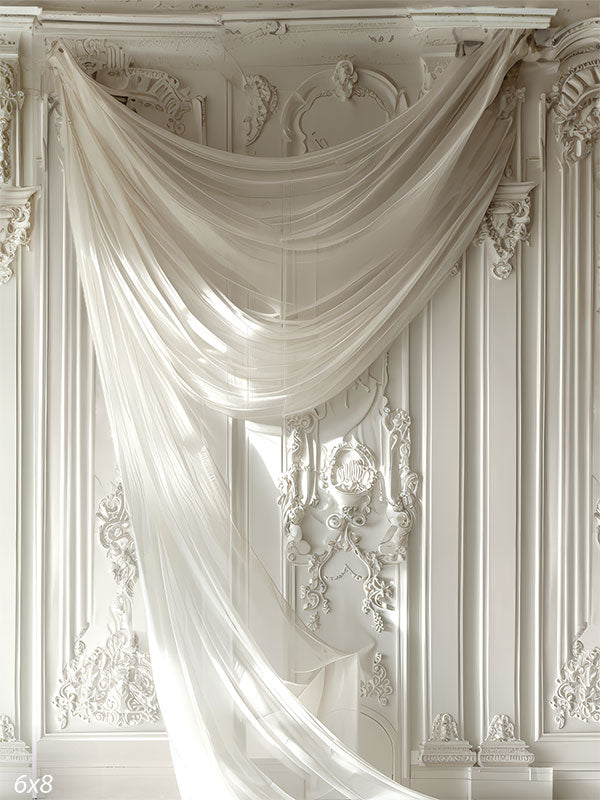 Elegant White Classical Panel Backdrop with Sheer Fabric - Luxurious white backdrop featuring tall, intricately carved panels with elaborate floral patterns and classical motifs, draped with a delicate, sheer fabric, showcasing impeccable craftsmanship and timeless elegance.