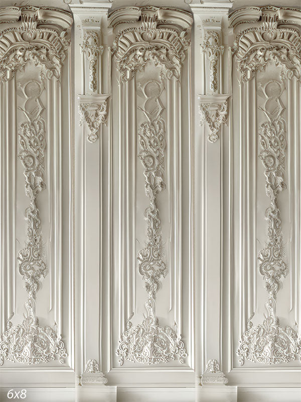 Elegant White Classical Panel Wall Photography Backdrop - Luxurious white backdrop featuring tall, intricately carved panels with elaborate floral patterns and classical motifs, showcasing impeccable craftsmanship and timeless elegance.