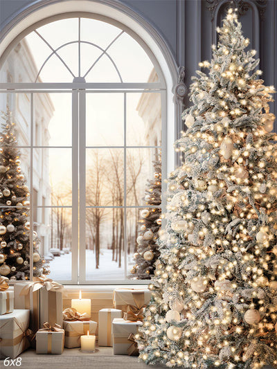 Elegant Winter Wonderland Photography Backdrop - Majestic Christmas tree with lights and ornaments set against a grand arched window in a winter wonderland scene.