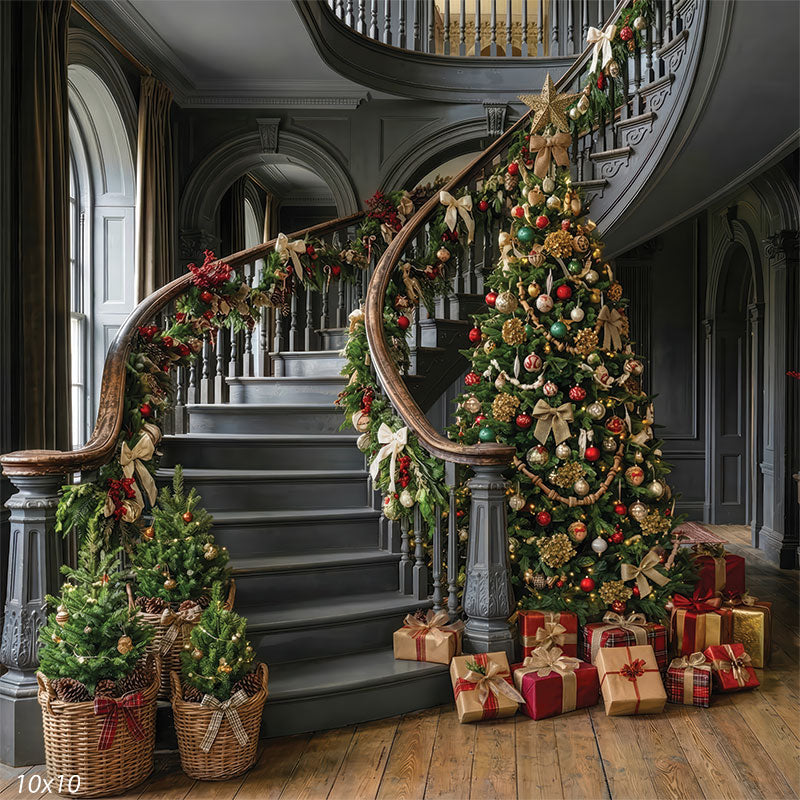 Manor Steps grand dark wood staircase Christmas tree garland backdrop CP-8901