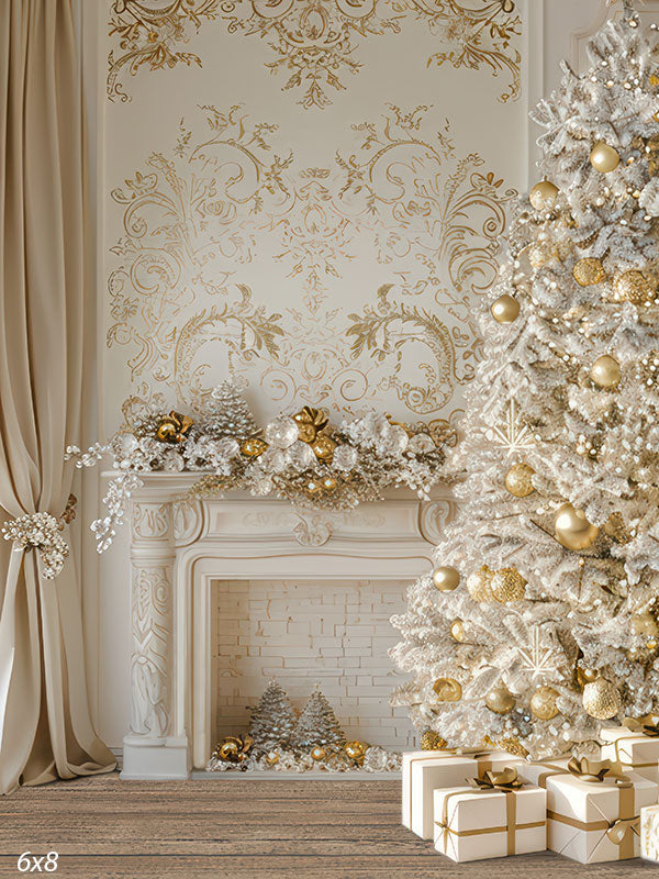 Luxurious cream and gold Christmas  holiday backdrop featuring a decorated white fireplace, frosted garland, and white Christmas tree with gold ornaments and wrapped gifts.