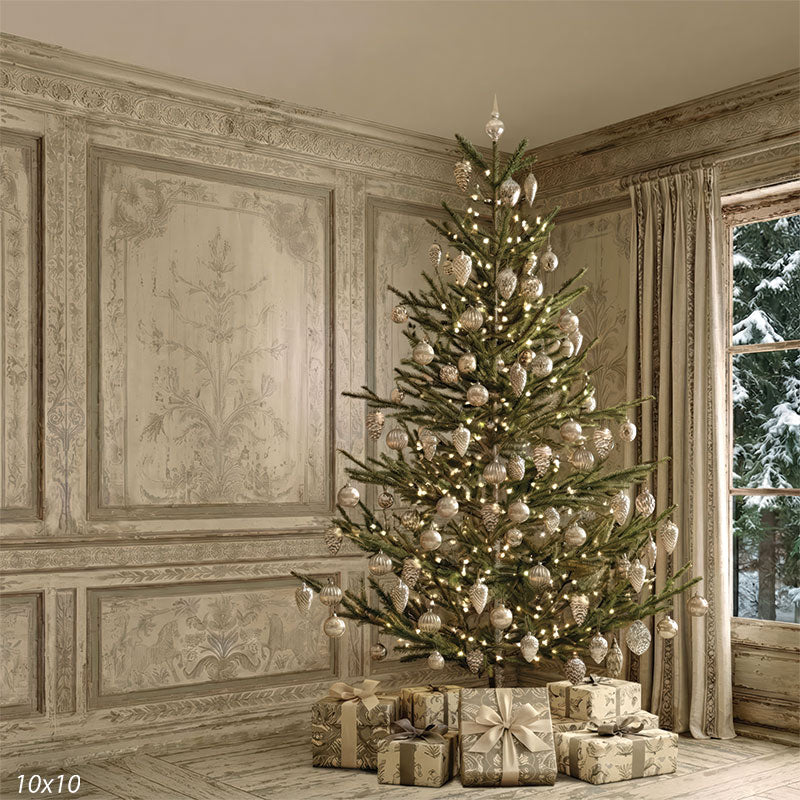 Linen Noel French paneled room neutral Christmas tree snowy window backdrop CP-8904