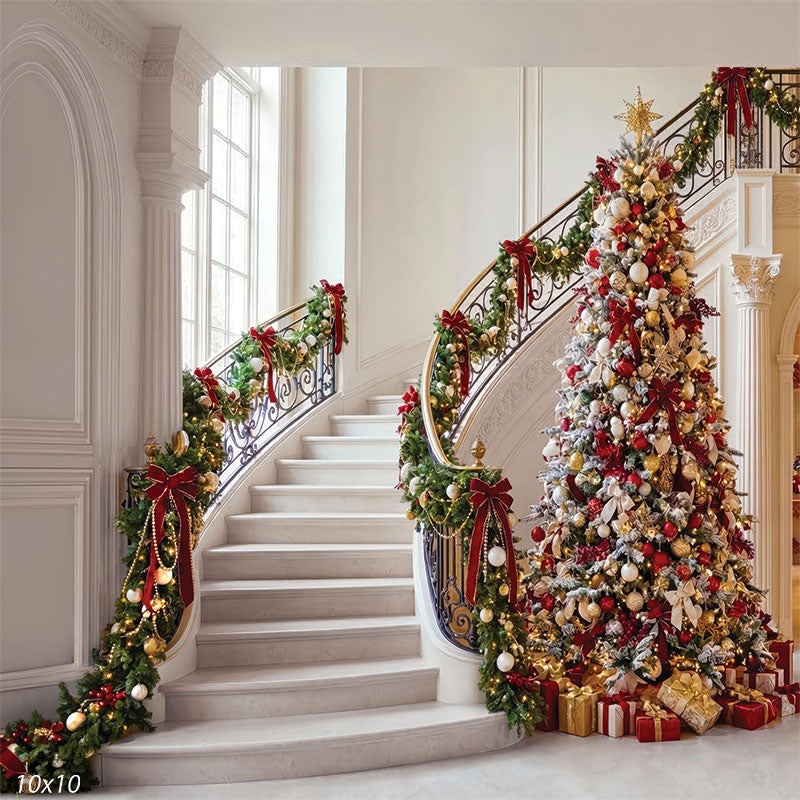 Grand Foyer bright white ornate staircase Christmas tree red garland backdrop CP-8907