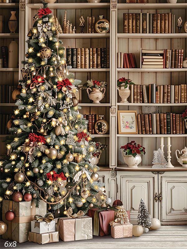Christmas photography backdrop featuring a decorated tree with gold and red ornaments, vintage library bookshelves, and elegantly wrapped gifts—ideal for classic holiday portraits and studio mini sessions.