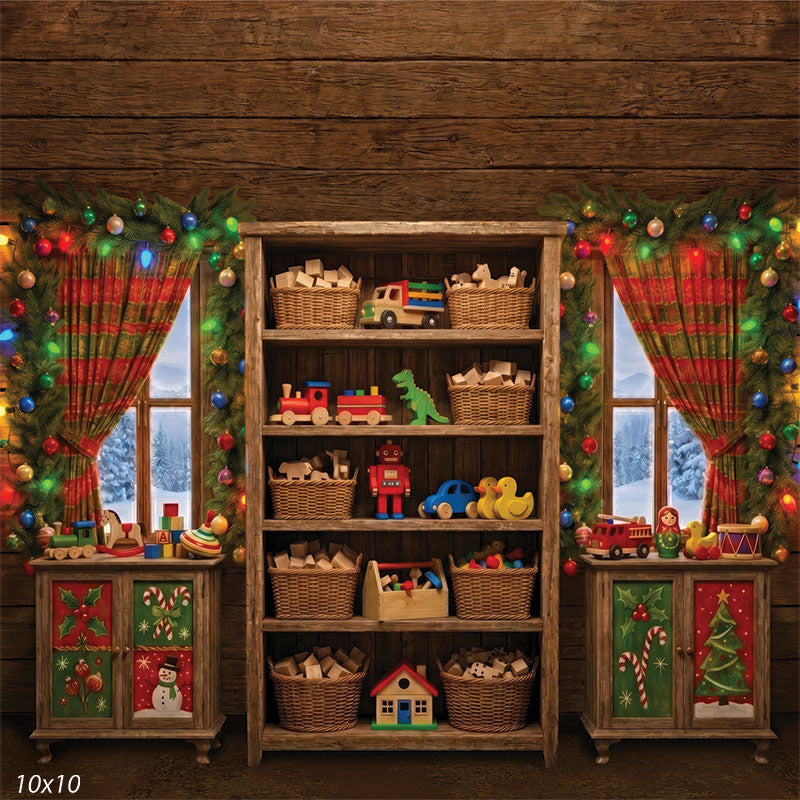 Elfs Workshop Santas workshop toy shelf with wicker baskets wide scene backdrop CP-8942