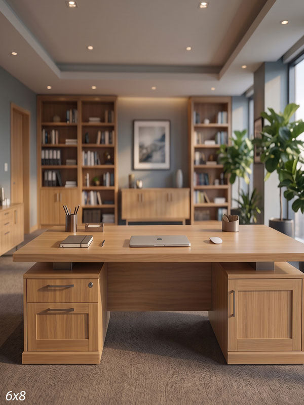 Bright executive office in honey oak with a large desk, matching bookcases, and corner windows over a city skyline, a corporate photography backdrop.