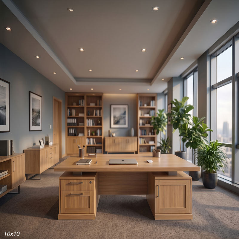 Wider view of the oak office showing more of the skyline windows, potted plants, and blue-gray walls, a corporate photography backdrop.