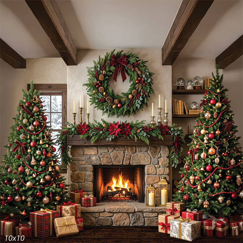 Ember Hollow stone fireplace large wreath poinsettia garland Christmas trees holiday backdrop CP-8923