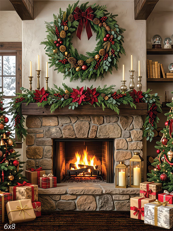 Ember Hollow elegant Christmas stone fireplace wreath garland gold ornaments Christmas trees portrait backdrop CP-8923