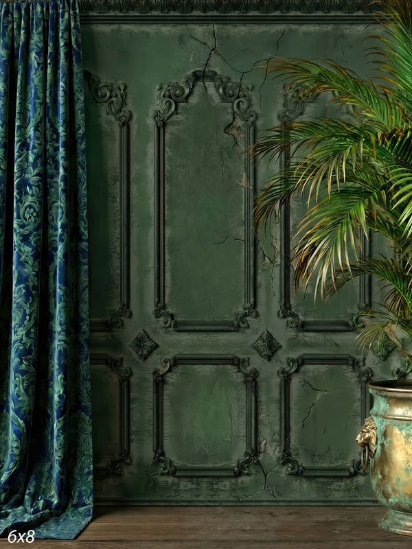 Emerald Parlor emerald victorian wall with palm and velvet drape photography backdrop CP-8953