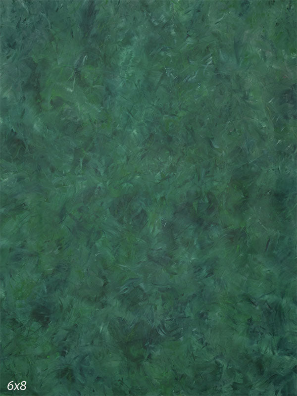 Rich deep green hand-painted photography backdrop with dense feathery brushstrokes and jade highlights for saturated studio portraits.