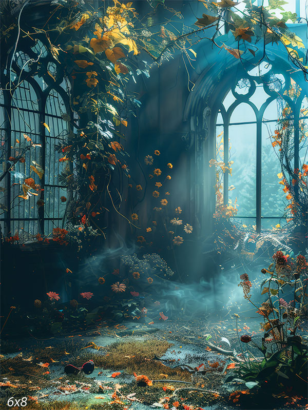 Enchanted Abandoned Chapel Photography Backdrop - Abandoned chapel photography backdrop with gothic windows, overgrown with nature, perfect for fairy tale and fantasy-themed photoshoots.